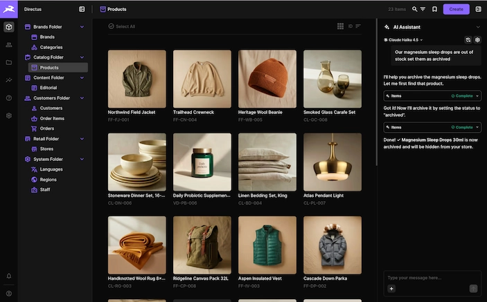 Directus headless CMS dashboard showing content collections, product management and API-driven content delivery.